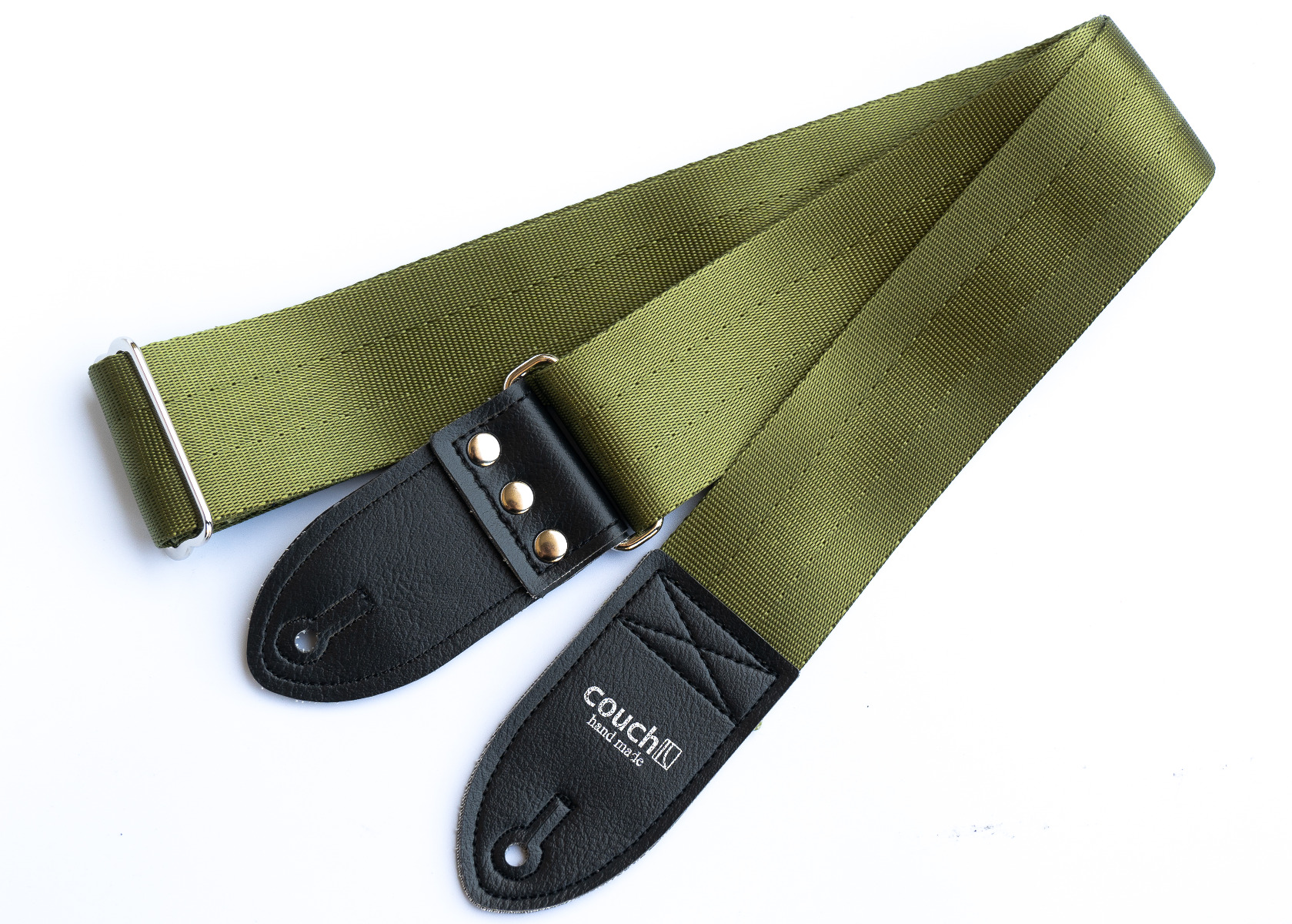 The Mary Guadalupe strap in army green webbing with black vinyl end tabs