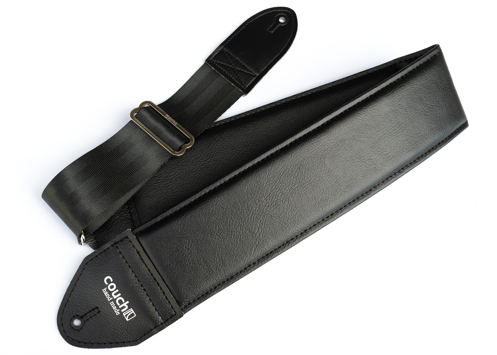 The 3 inch padded shoulder section stepping down to a 2 inch recycled seatbelt tail with slide-adjust buckle