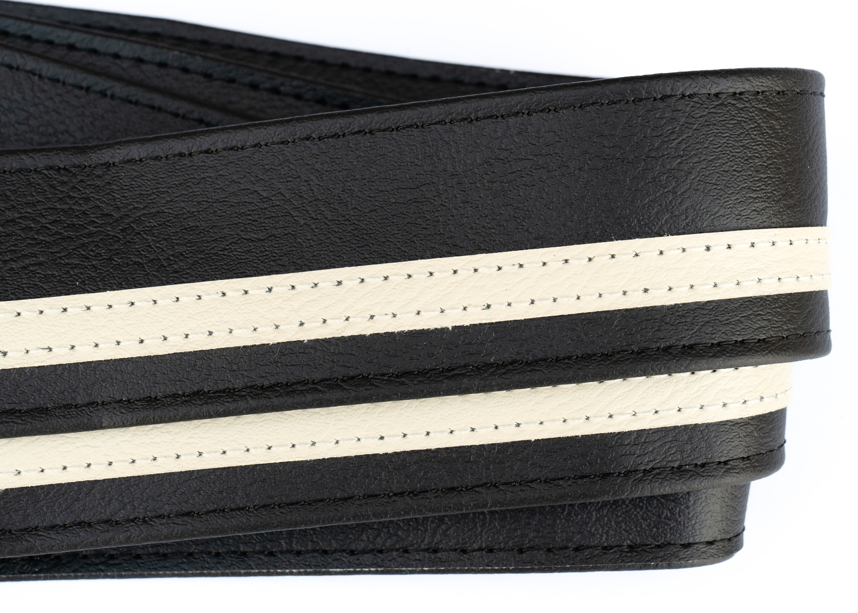 Close-up of the offset white racing stripe on the black vinyl strap