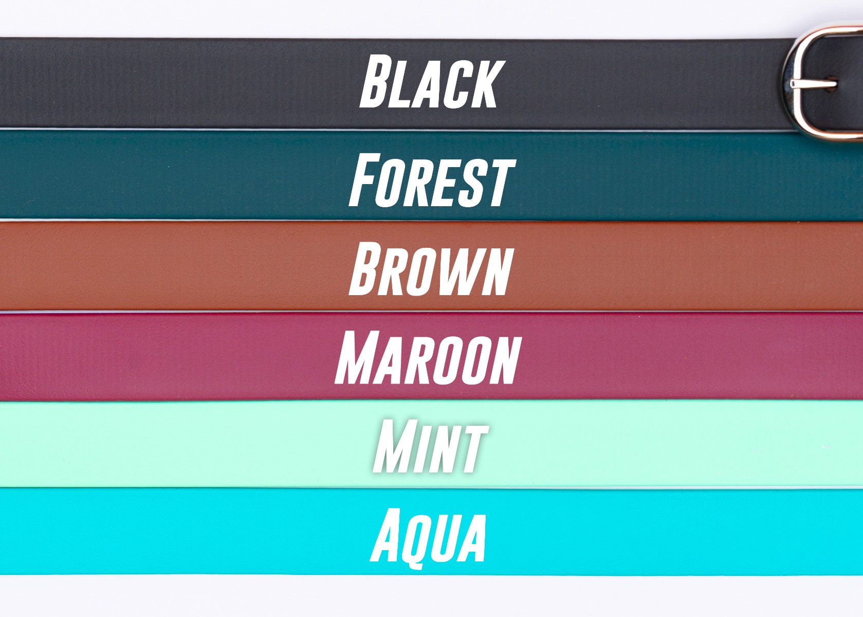 The six colorways: Black, Forest, Brown, Maroon, Mint and Aqua