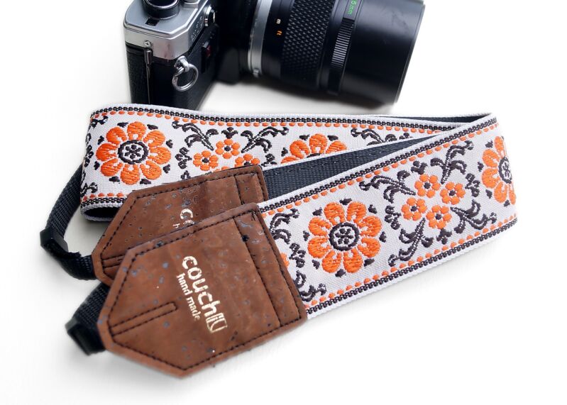 Cork and Orange Flowers Camera Strap