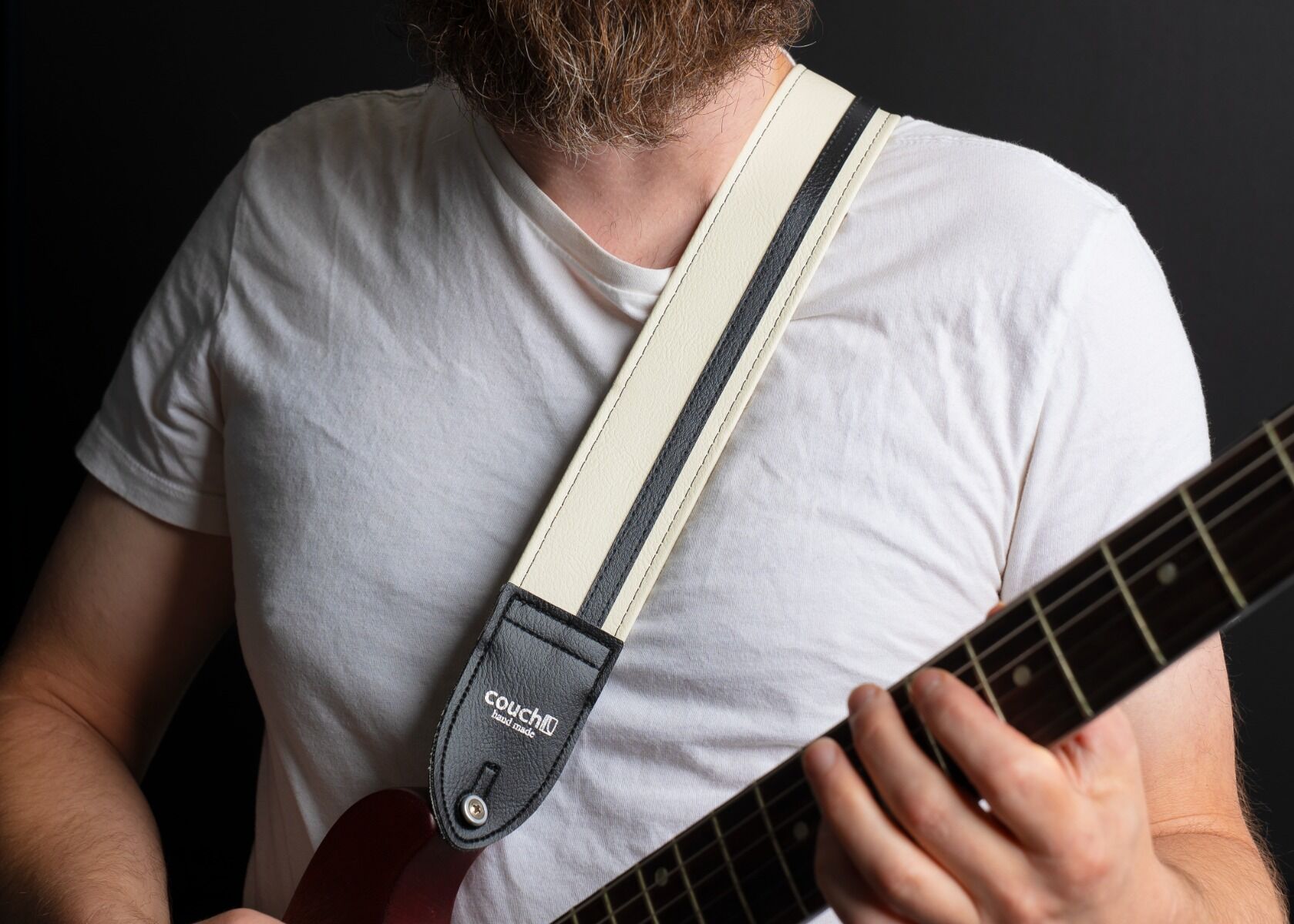White With Black Racer X racing stripe guitar strap made in USA
