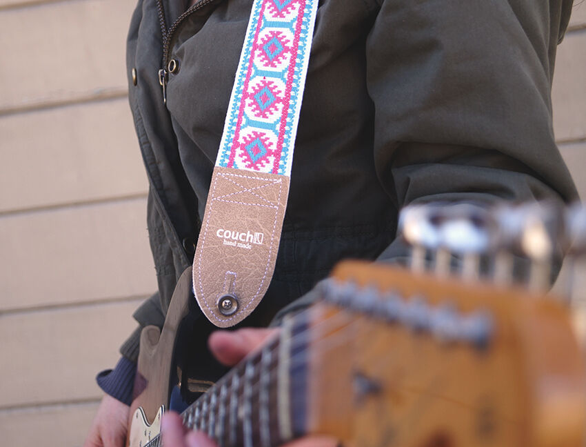 The Couch Imagining Sun Vintage Hippie Weave Boho Guitar Strap - Pink and  Sky