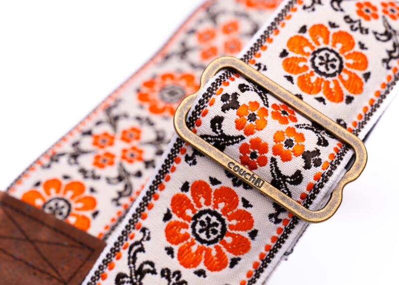 Cork and Orange Flowers Hippie Weave Guitar Strap