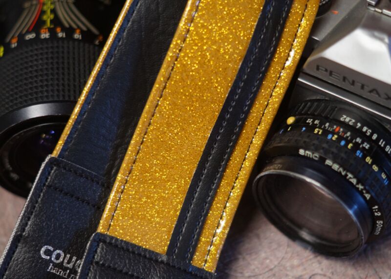Gold Sparkle with Black Racer X Camera Strap 