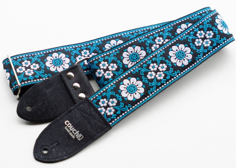 Cork and Turquoise Flowers Woven Guitar Strap