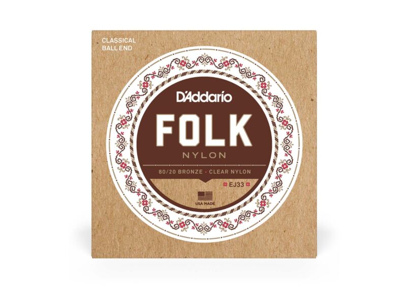 D'Addario EJ33 Folk Nylon Guitar Strings, Ball End, 80/20 Bronze/Clear Nylon Trebles