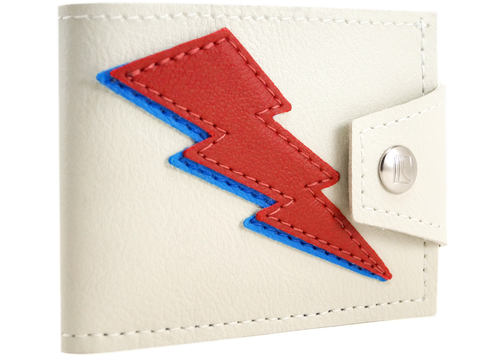 A white billfold wallet with a sewn-on red and blue lightning bolt appliqué