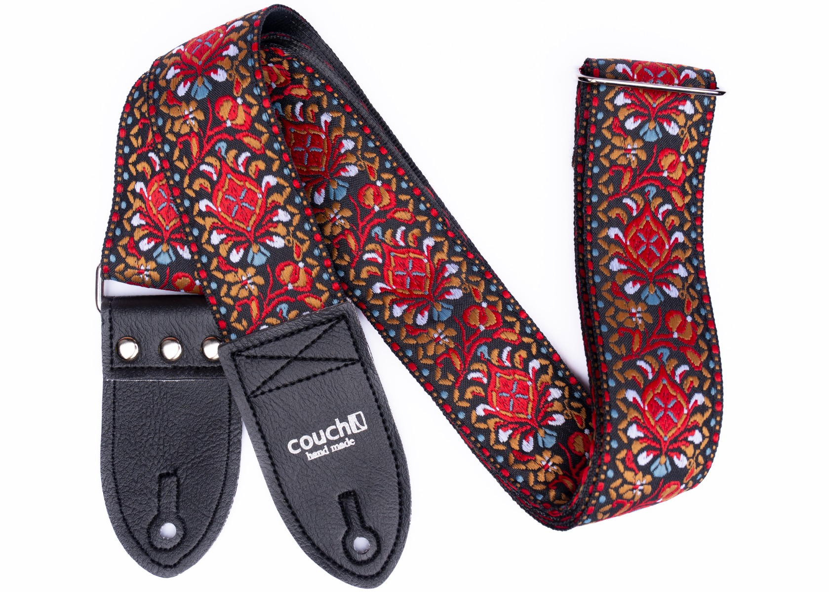 Full view of the red and black jacquard hippie weave strap with both end tabs