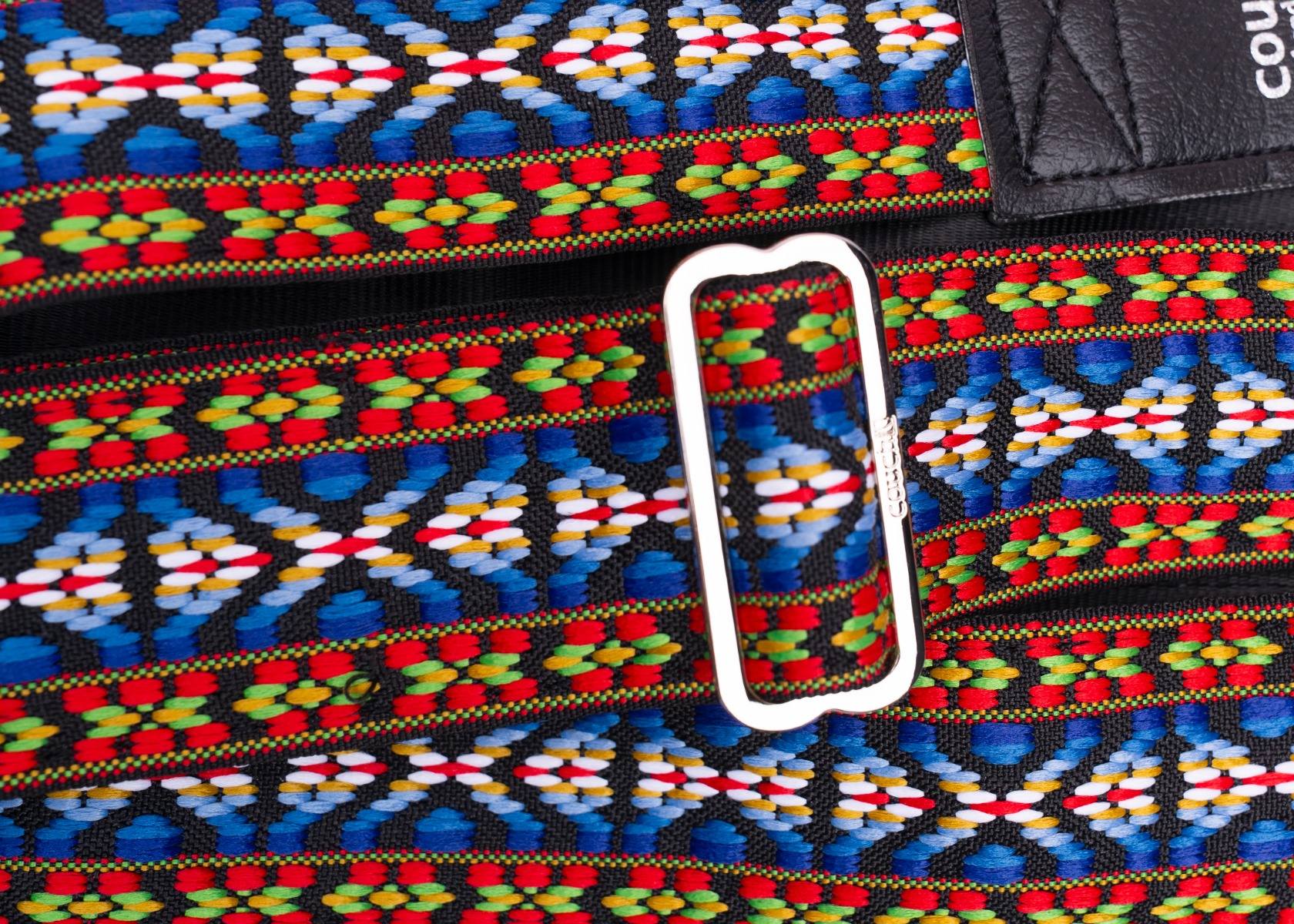 Custom steel hardware and recycled seatbelt backing on the Turquoise Desert strap