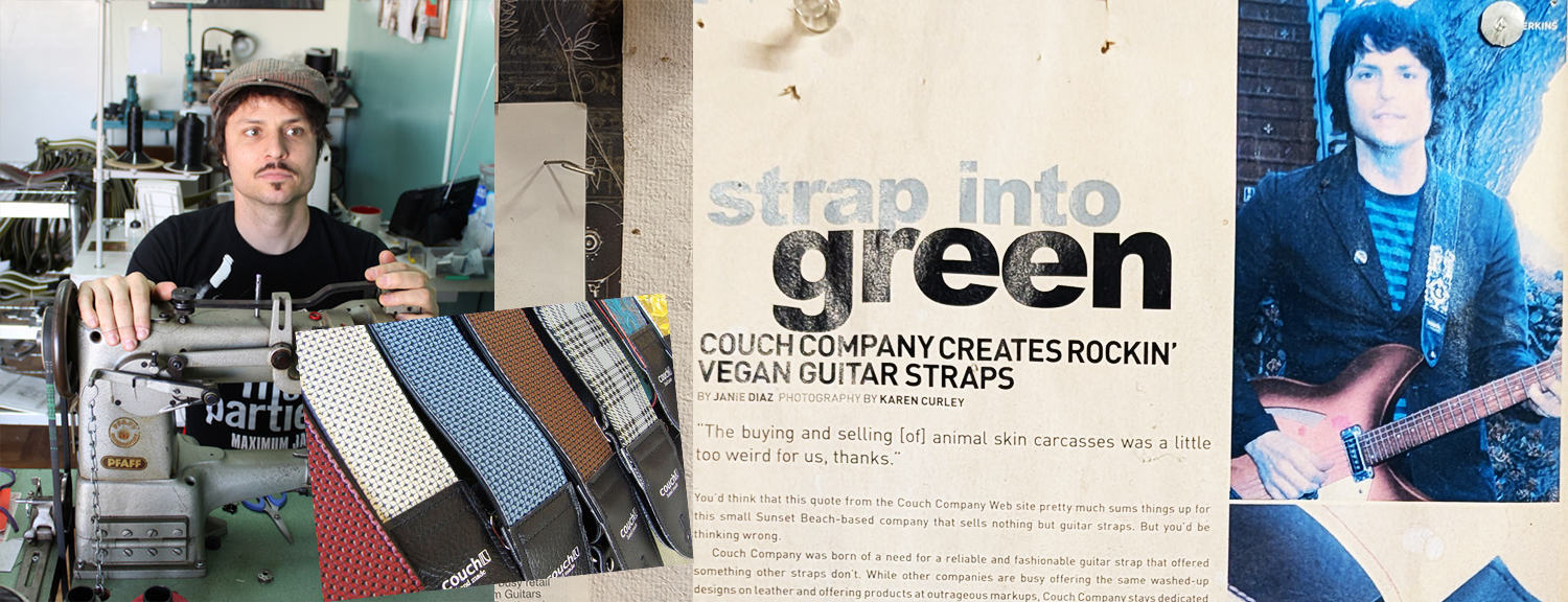 Two Couch employees hand-sewing guitar straps on their machines in the California workshop