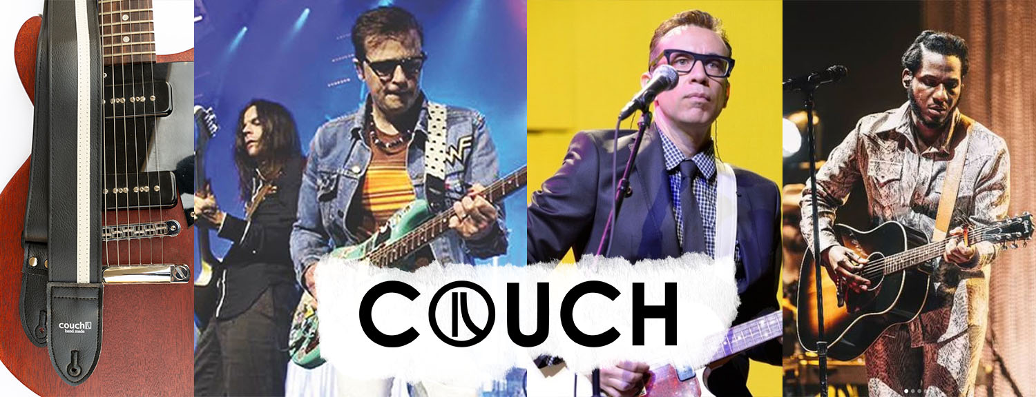 Weezer, Fred Armisen and Leon Bridges, all wearing couch guitar straps